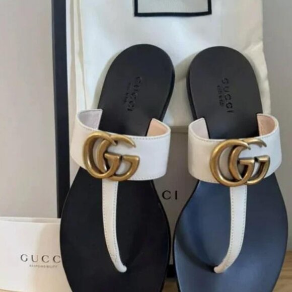 Gucci Shoes - NEW Gucci Marmont GG Leather T Strap Thong Flat Sandals Shoes Cream Size 39